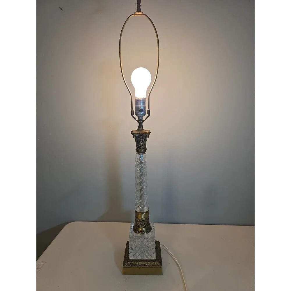 Heavy Vtg Diamond Cut Crystal Glass Table Lamp Hollywood Regency Loevsky Style